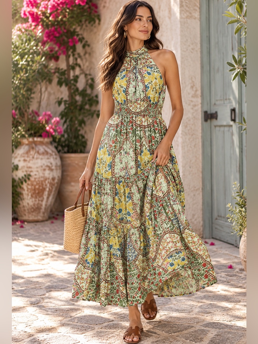 Anthropologie Somerset Maxi Dress Halter Floral Tapestry Green Size Large